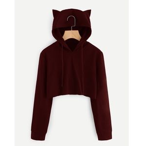 Burgundy Cat Ear Hooded Crop Sweatshirt